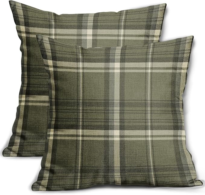 Sweetshow Olive Green Spring Plaid Pillow Covers 18x18 Set of 2 Buffalo Tartan Print Seasonal Dec... | Amazon (US)