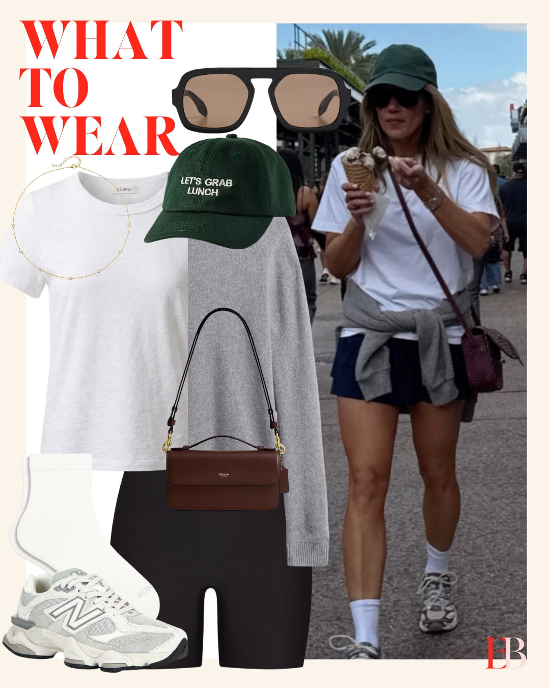 Comfort that still photographs well — that's the whole assignment. 🖤 White tee, grey sweater tied at the waist, black bike shorts, and New Balance sneakers I basically live in. The cap is doing some heavy lifting on personality here too. 

 
