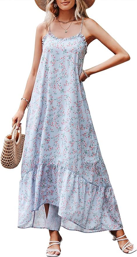 ANRABESS Womens Summer High Low Ruffle Maxi Dress Spaghetti Strap Print Flowy Beach Long Dress | Amazon (US)