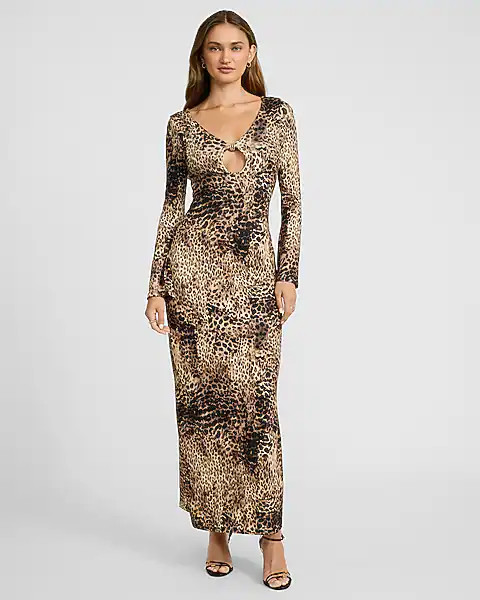 Leopard V-neck Long Sleeve Keyhole Maxi Dress | Express