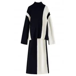 Bicolor Ribbed Knit Oversized Sweater and Pencil Skirt Set in Black | Chicwish