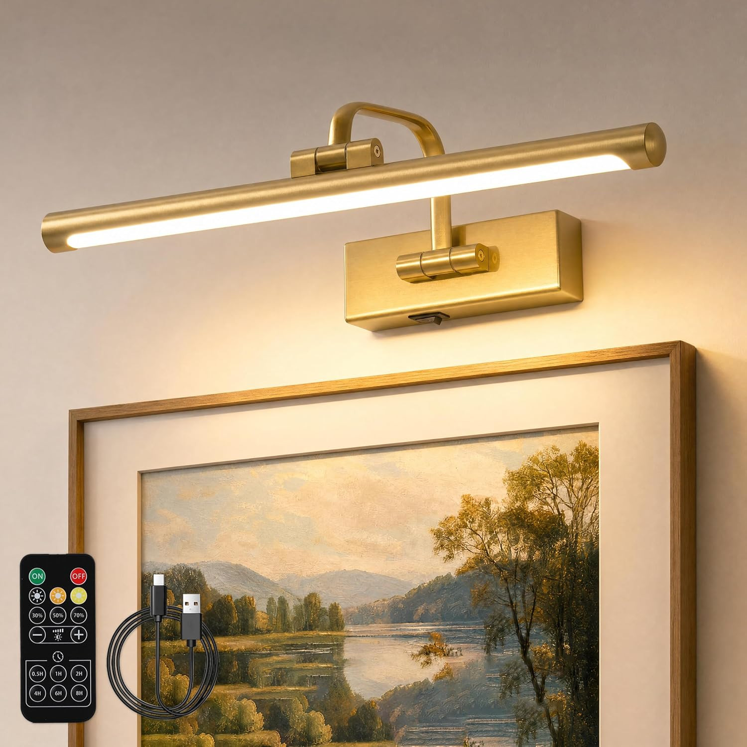 Wireless Picture Light for Wall, Rechargeable Light for Pictures with Remote & Timer, 16 Inch Dimmable Gold Art Light for Paintings, Battery Operated LED Wall Light with 3CCT for Gallery | Amazon (US)
