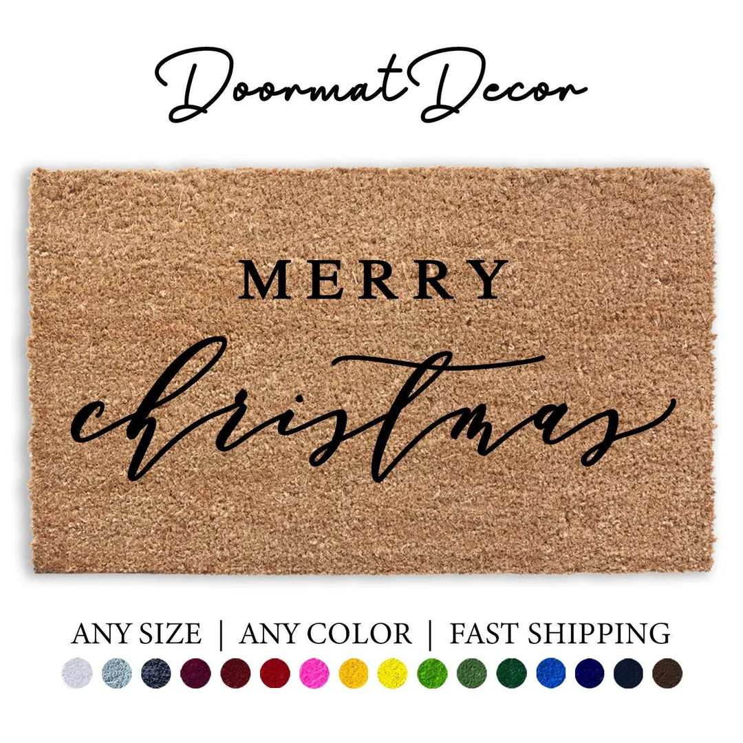 Merry Christmas Script Font Doormat, Holiday Decor Door Mat, Flocked Coir Welcome Mat, Outdoor En... | Etsy (US)