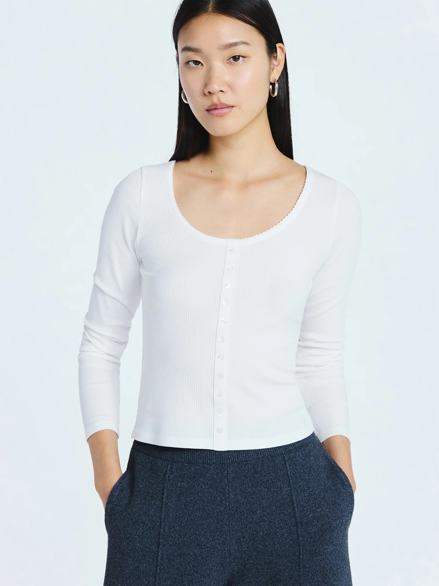 Scoop Women’s Lace Trim Scoop Neck Ribbed Tee with Long Sleeves, Sizes XS-XXL | Walmart (US)