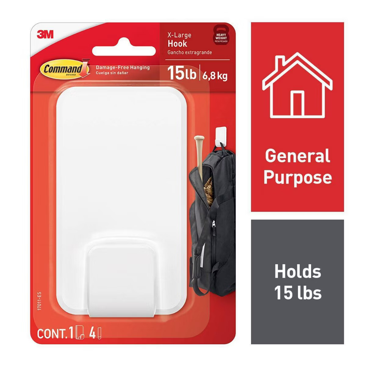 Command Extra Large Single Hook: Heavy Duty Adhesive, Holds 15 lbs, Plastic, White, 1 Pack | Target