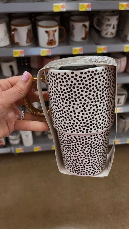 Love the small dots with the gold handle 🤩 this makes the best travel mug because it comes with a lid, has a handle & fits in a cup holder 

#LTKHome #LTKVideo #LTKSummerSales