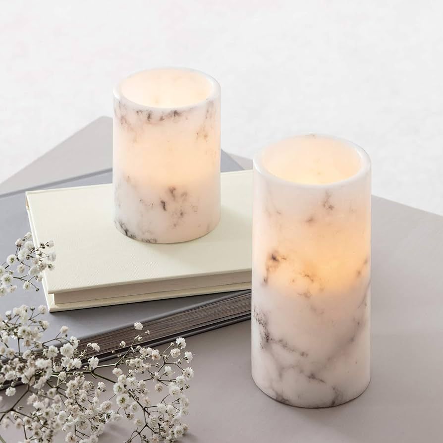 Lights4fun, Inc. Set of 2 Marble Wax Battery Operated Flickering Flameless LED Pillar Candles | Amazon (US)