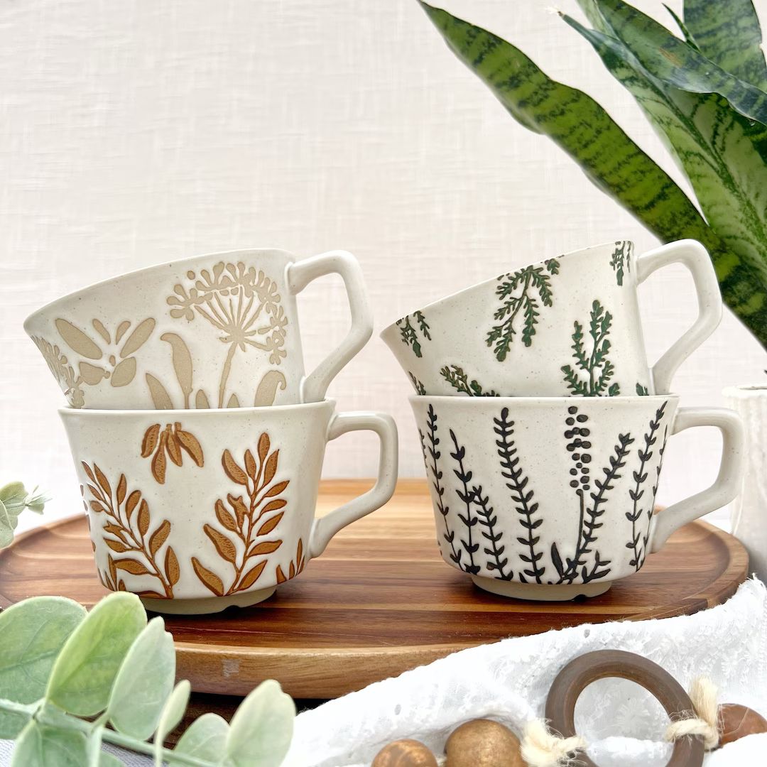 Handmade Ceramic Coffee Cup, Floral Ceramic Espresso Cup, One Stoneware Mug, Coffee Cup With Natu... | Etsy (US)