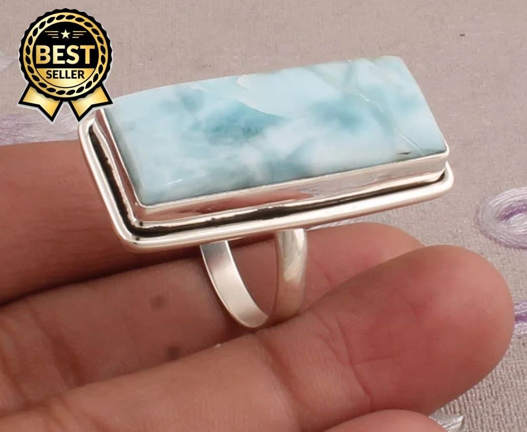 Designer Larimar Rectangle Shape Gemstone Ring, 925 Sterling Silver Big Stone Ring, Engagement Ri... | Etsy (US)