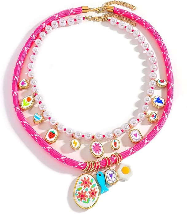 Stylish Double Layered Rope Necklace for Women, Multi-Layer Egg Flower Printed Fish Porcelain Pen... | Amazon (US)