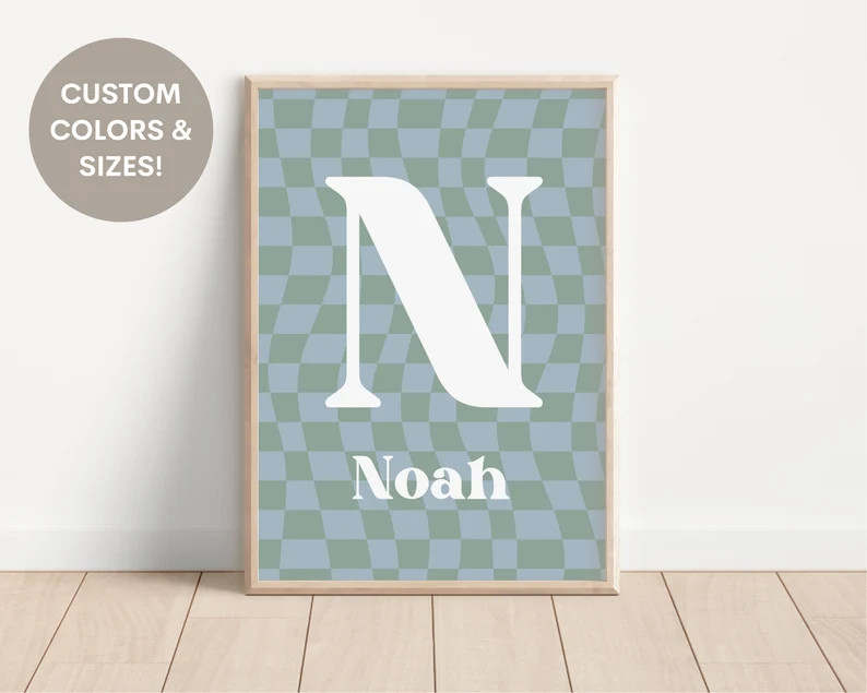 Personalized Name Digital Print, Nursery Name Sign, Retro Wavy Checkerboard Wall Art, Play Room N... | Etsy (US)