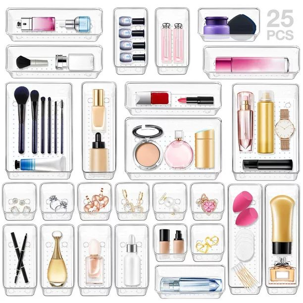 25 Pcs Desk Drawer Organizer Set, Clear Makeup Drawer Organizer and Storage with 5 Sizes Bathroom... | Walmart (US)