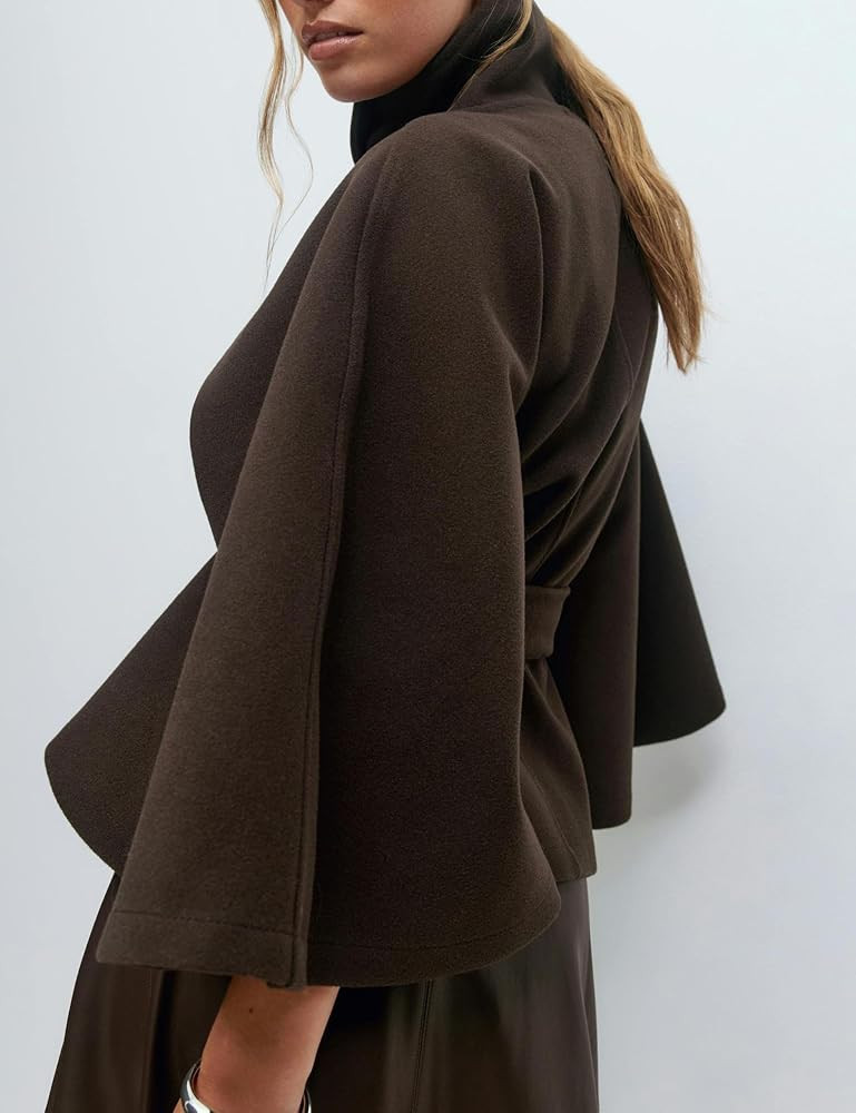 Hooever Women Batwing Sleeve Ponchos Pea Coat Wool Blend Stand Collar Jacket Winter Cropped Overc... | Amazon (US)