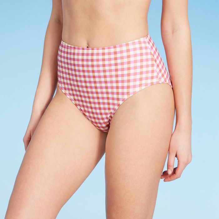Women's Gingham Medium Coverage High Waist Bikini Bottom - Kona Sol™ Bright Pink | Target