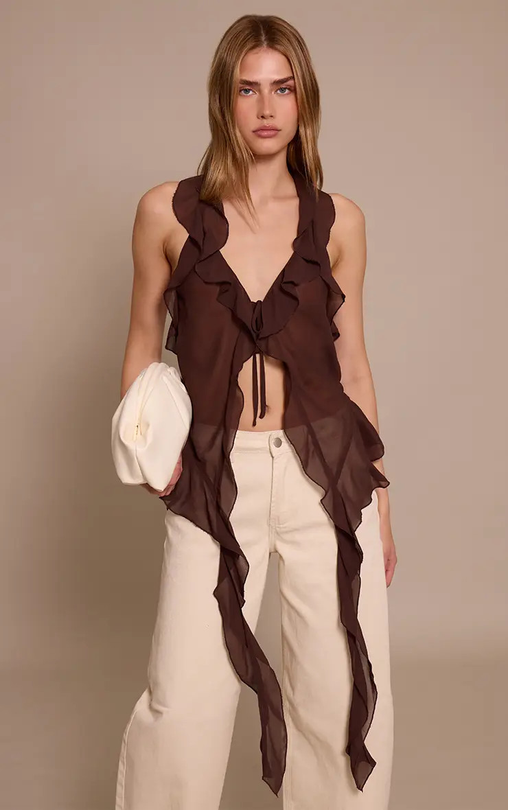 Dark Chocolate Dark Chocolate Chiffon Ruffle Drape Detail Longline Top | PrettyLittleThing USA | PrettyLittleThing US