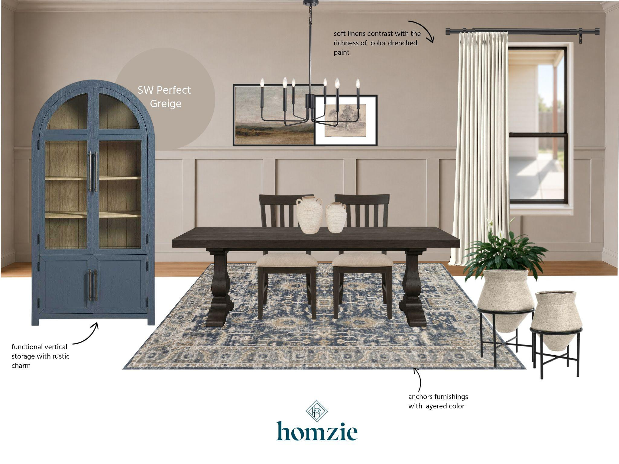 Rich, color-drenched walls create the perfect backdrop for soft linen window panels, balancing depth with lightness. A dark wood dining table with upholstered chairs brings timeless warmth, while a layered rug anchors the space with subtle color and texture. A rustic storage cabinet adds both charm and function, and touches of greenery breathe life into the neutral palette of creams, greige, and soft blue.

Designed for gathering, lingering, and making memories around the table.

#LTKHome #DiningRoomDesign #DiningRoomDecor #TimelessInteriors #NeutralHome #InteriorDesign #ColorDrenched #HomeDecor #LTKCreator 

 