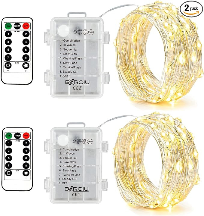 2 x Fairy Lights Battery Operated,Silver Wire Chains 8 Mode 16Ft/5Meter 50 LEDs Timer String Ligh... | Amazon (US)