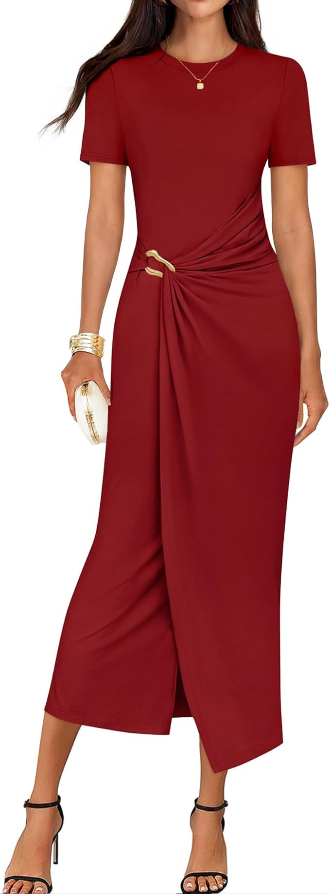 ZESICA Women's 2026 Summer Short Sleeve Bodycon Midi Dress Crewneck Ruched Split Wedding Guest Co... | Amazon (US)