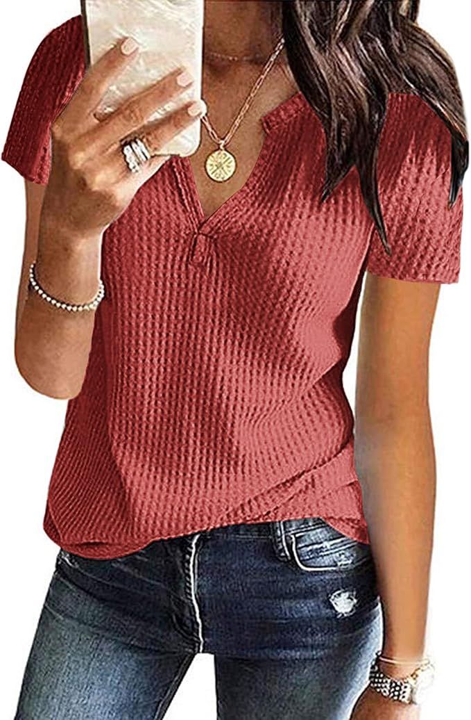 WNEEDU Womens Waffle Knit Tunic Tops V-Neck Short Sleeve Blouse shirts | Amazon (US)