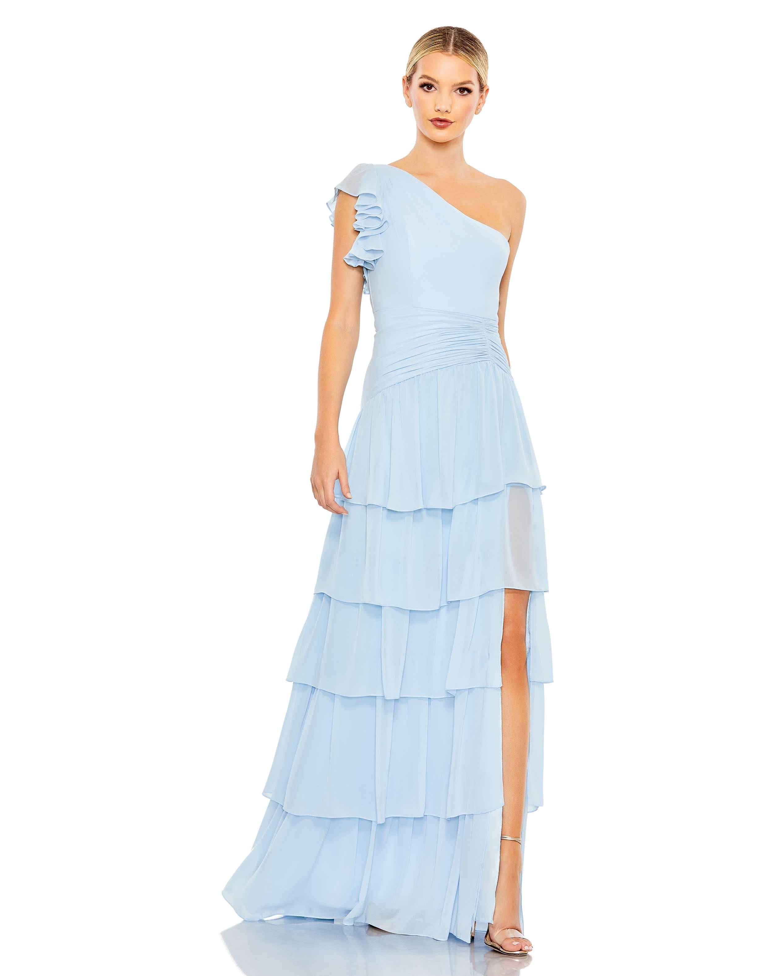 Ruffle Tiered One Flutter Sleeve Gown | Mac Duggal
