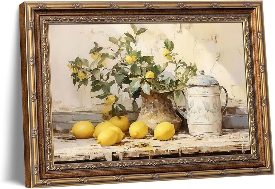 Vintage Framed Kitchen Wall Art Lemon Still Life, Yellow Lemon Canvas Painting Rustic Farmhouse W... | Amazon (US)
