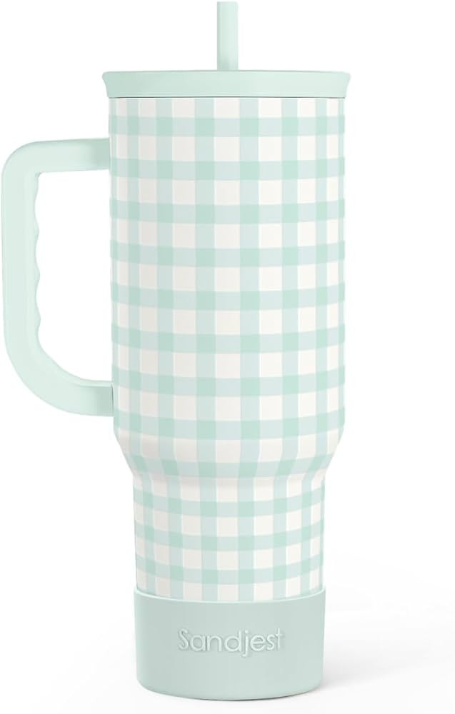 Mint Gingham 40oz Slider Tumbler with Handle and Straw - Insulated Stainless Steel Travel Coffee ... | Amazon (US)