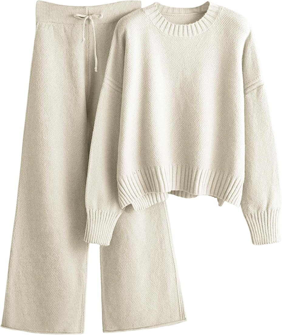 2 Piece Outfits for Women Sweater Sets Knit Long Sleeve Tops Elastic Waisted Pants Lounge Sets | Amazon (US)