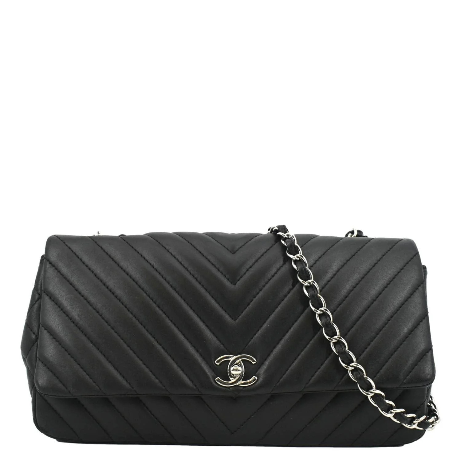 Pre-Owned CHANEL Surpique Chevron Medium Lambskin Leather Flap Crossbody Bag Black | Walmart (US)