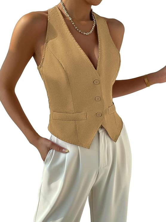 Verdusa Women's Single Breasted Sleeveless V Neck Vest Jacket Waistcoat | Amazon (US)