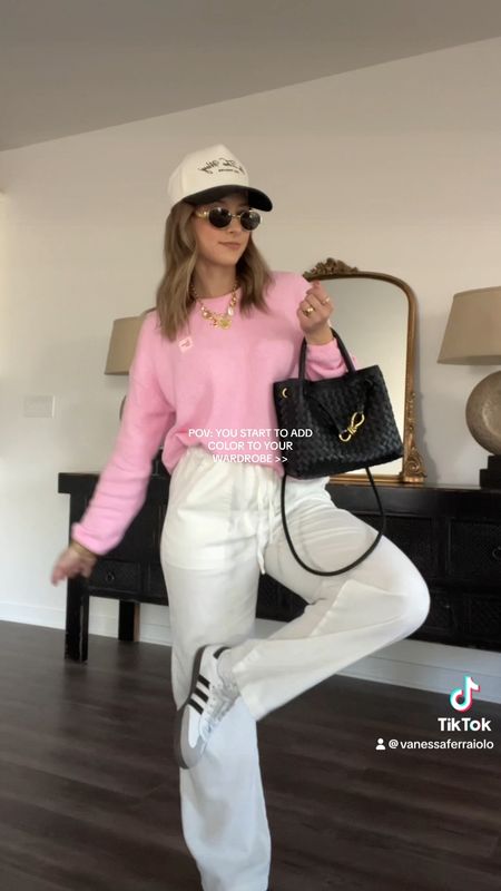 4/24/24 Pink casual spring outfit details a Pink outfit, casual spring style, casual spring outfits, spring outfit insp, spring outfits, spring fashion 2024, pink sweater, linen pants, white linen pants, white linen pants outfit, Adidas samba sneakers, Adidas samba sneakers outfit