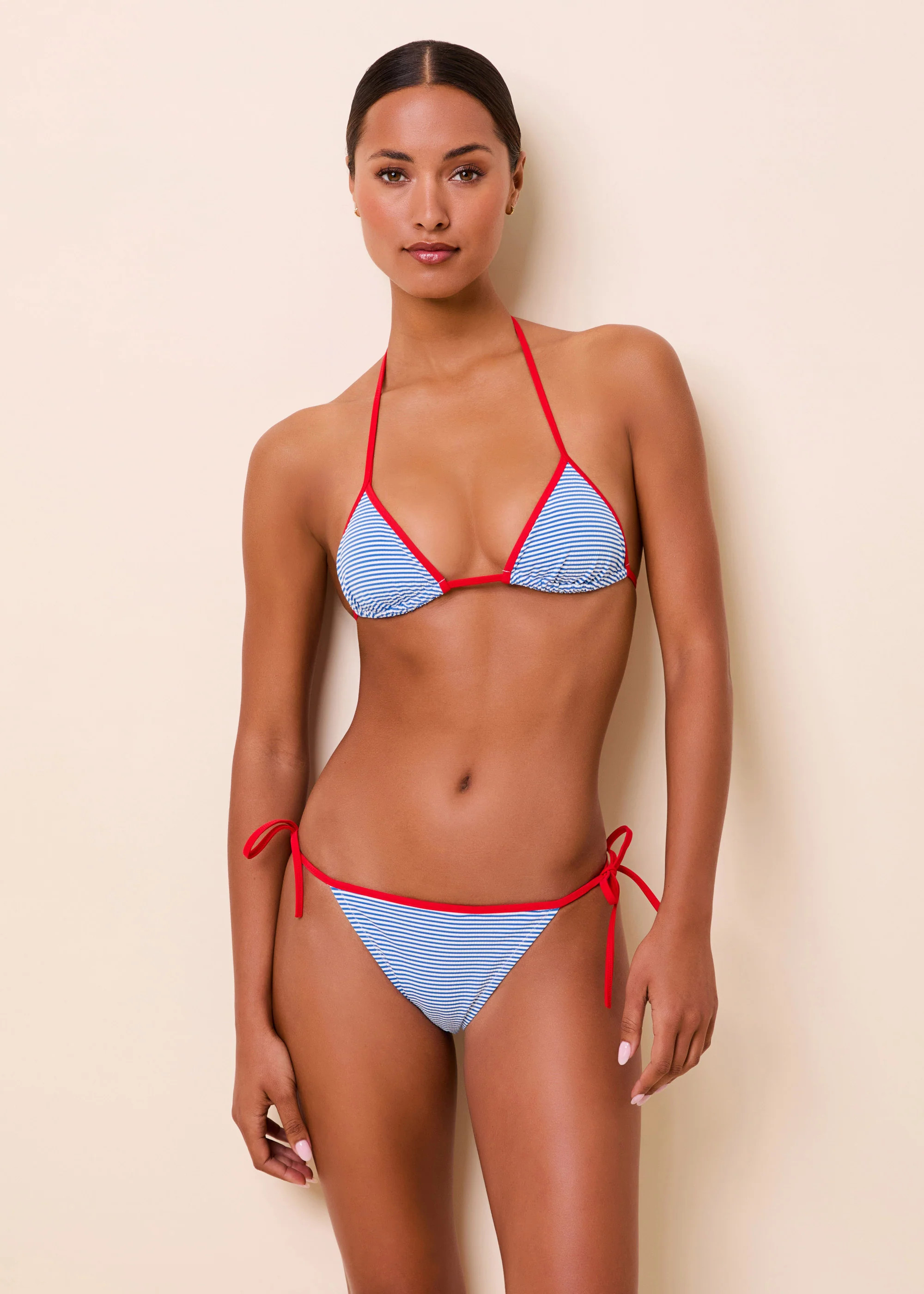 Iris Bikini Top Seersucker Marina Blue Stripe / Lipstick Red | Solid & Striped