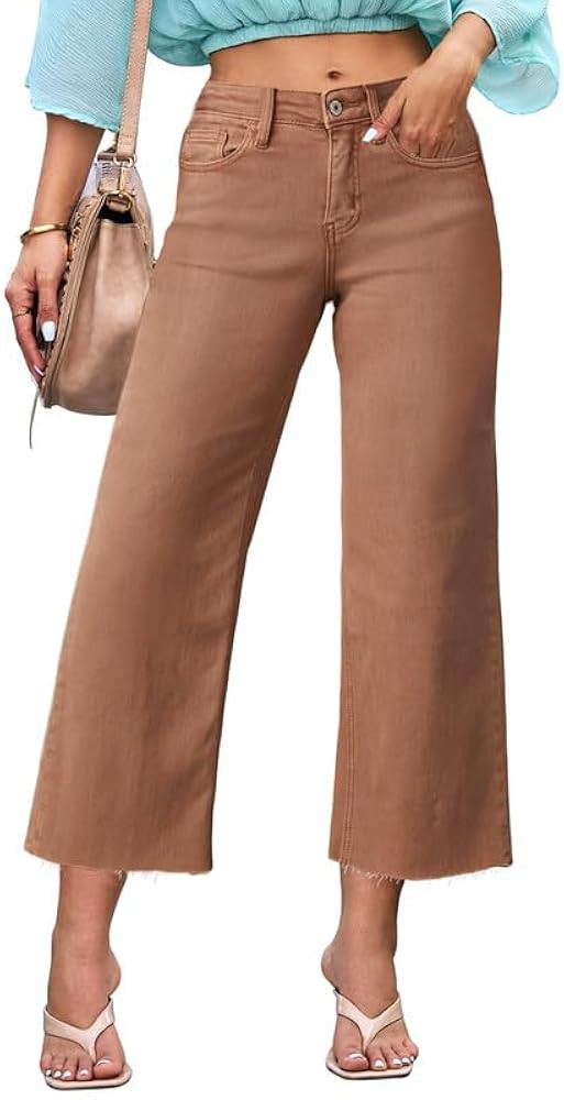 Allimy Women's High Waisted Straight Ankle Wide Leg Ripped Jeans Frayed Hem Stretchy Capri Denim ... | Amazon (US)