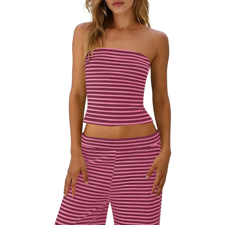 Womens Striped 2 Piece Sets Casual Summer Outfits Crop Tube Tops Wide Leg Pants Lounge Set Beach ... | Walmart (US)
