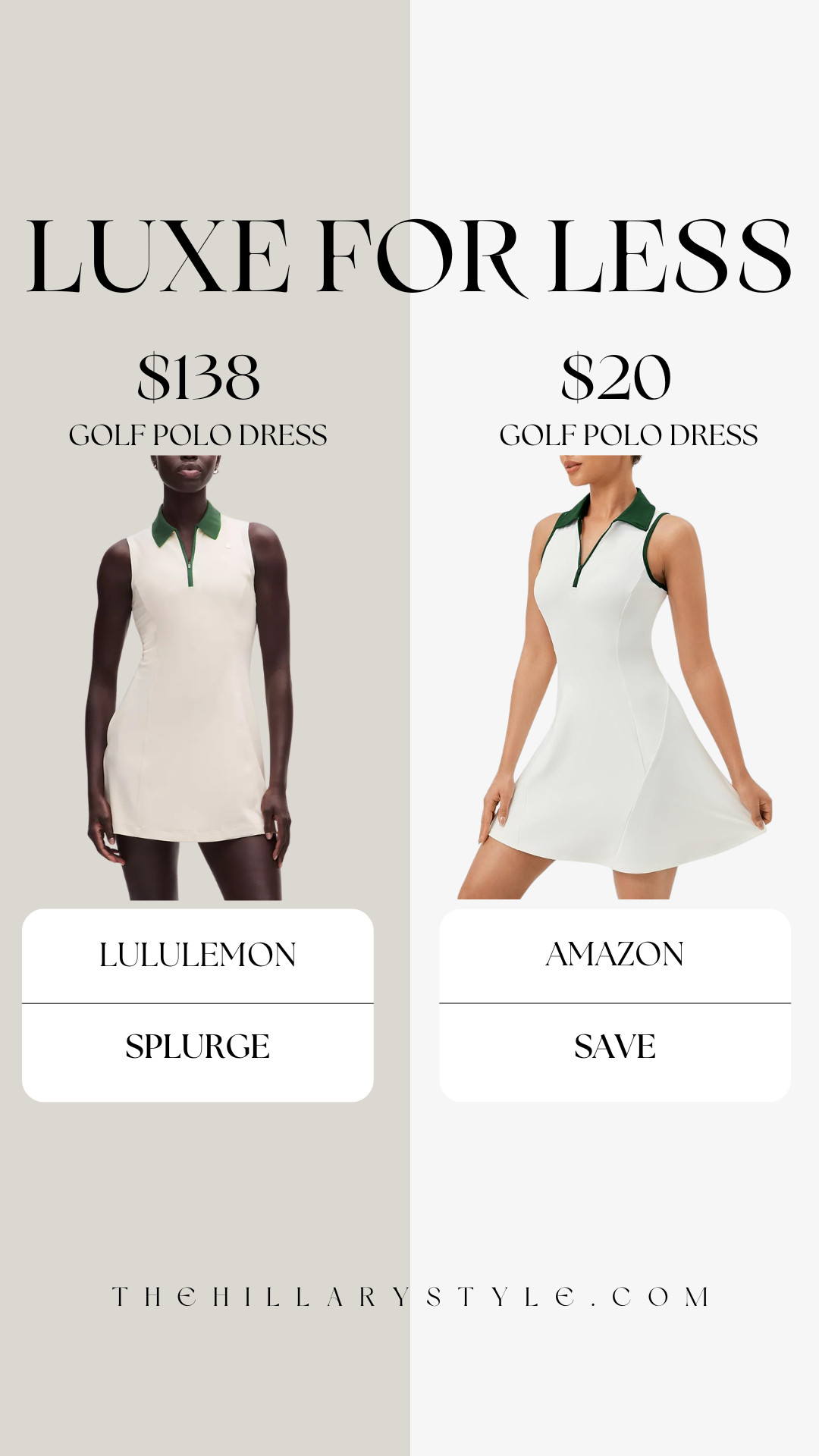 Luxe for Less: The Country Club Polo Dress
Obsessed with the preppy, country club aesthetic but want to save? The lululemon Golf Polo Dress is stunning, but I found an incredible lookalike on Amazon for only $20! It features the same chic green contrast collar and flattering A-line silhouette. Whether you're actually hitting the golf course, playing tennis, or just loving the court-sport style trend for everyday wear, this budget find is a must-have. 

 #TheHillaryStyle #LTKunder50 #LTKfit #amazonfashion #amazonfinds #lululemondupe #polodress #tennisdress #golfdress #activewear #countryclubstyle #athleisure #lookforless 

#LTKootd #LTKSeasonal #LTKActive