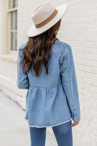 Wandering Autumn Roads Chambray Medium Wash Peplum Blouse | Pink Lily