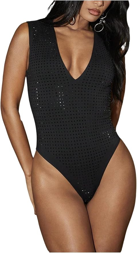 MakeMeChic Women's Rhinestone Top V Neck Sparkly Sequin Tank Tops Sleeveless Rave Party Bodysuit | Amazon (US)