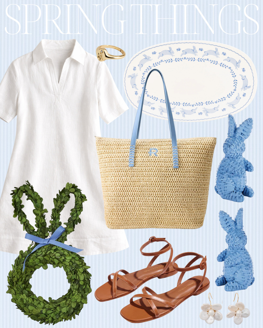 SPRING THINGS! White linen dress, woven bag, bunny tray, woven bunnies, rattan bunnies, brown ankle-strap sandals, preserved boxwood bunny wreath, signet ring, spring style, preppy style, spring decor 

 #LTKmomlife #LTKSeasonal #LTKHome