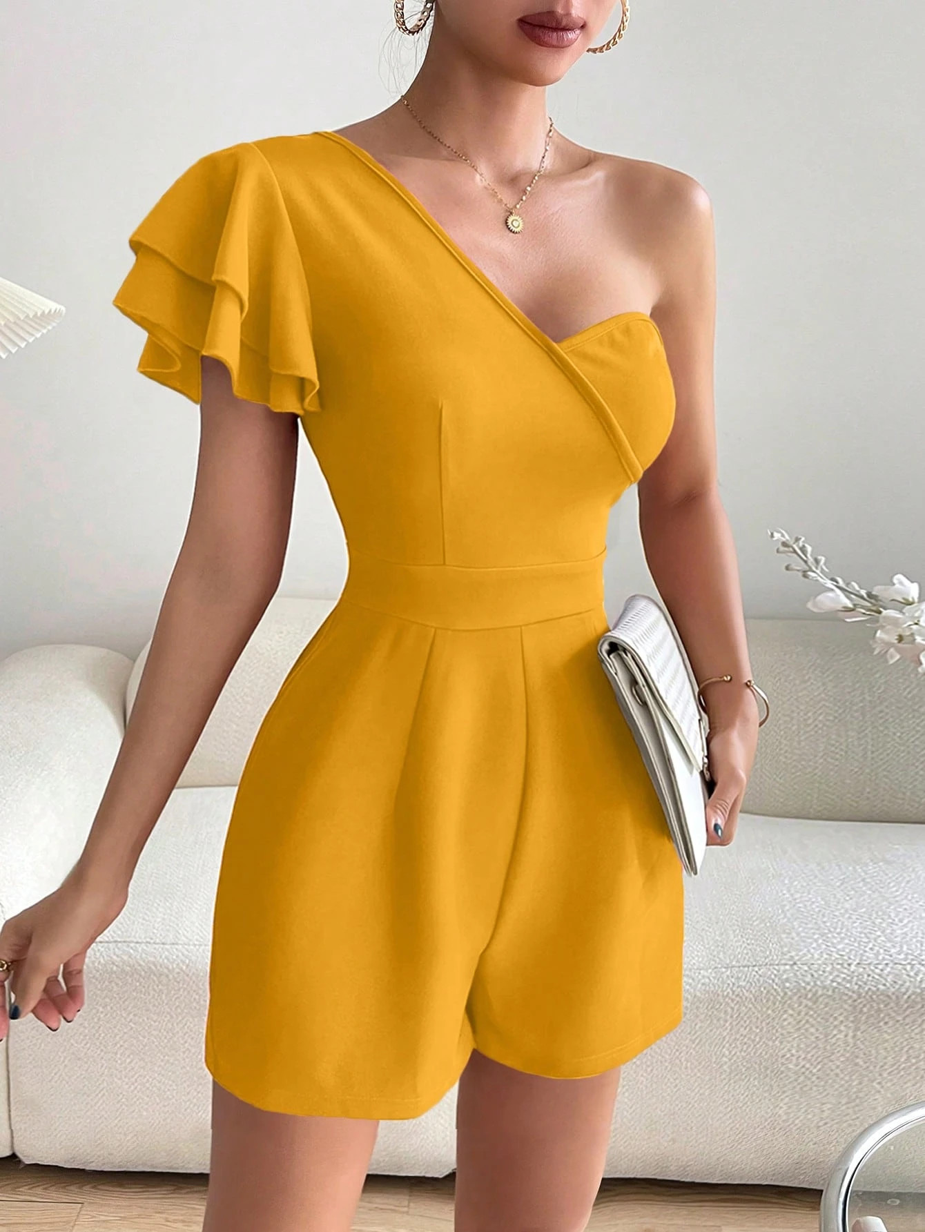 SHEIN Privé One Shoulder Butterfly Sleeve Romper | SHEIN