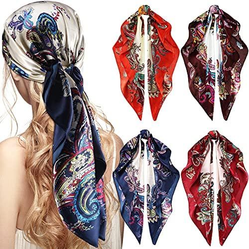 4 Pieces 35 Inch Satin Head Scarves Large Square Silky Feeling Headband Satin Boho Hair Bandanas ... | Amazon (US)