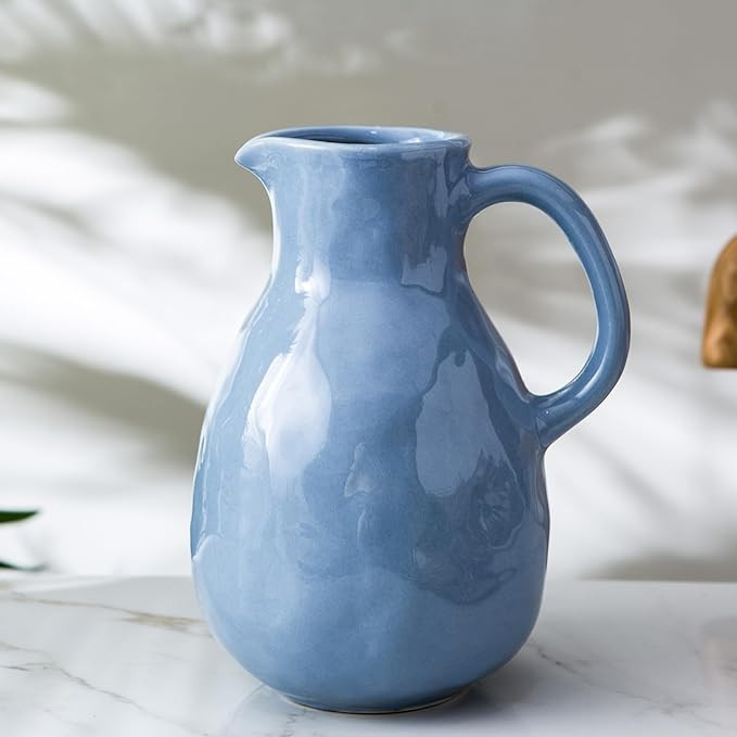 Blue Ceramic Vase with Handle, Modern Pitcher Vase for Home Decor, Nordic Pottery Vase, Decorativ... | Amazon (US)