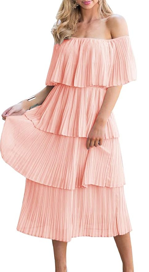 ETCYY Women's Off The Shoulder Ruffles Summer Loose Casual Chiffon Long Party Beach Maxi Dress | Amazon (US)