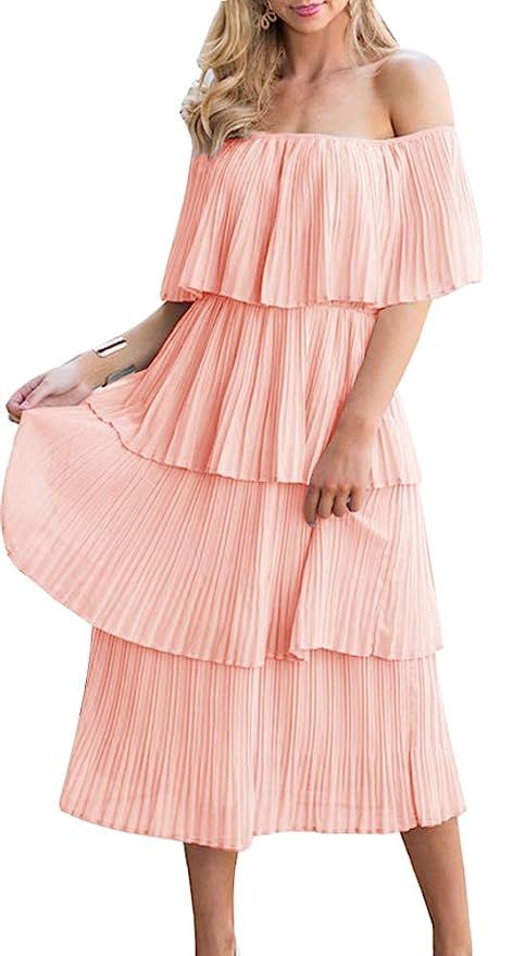 ETCYY Women's Off The Shoulder Ruffles Summer Loose Casual Chiffon Long Party Beach Maxi Dress | Amazon (US)
