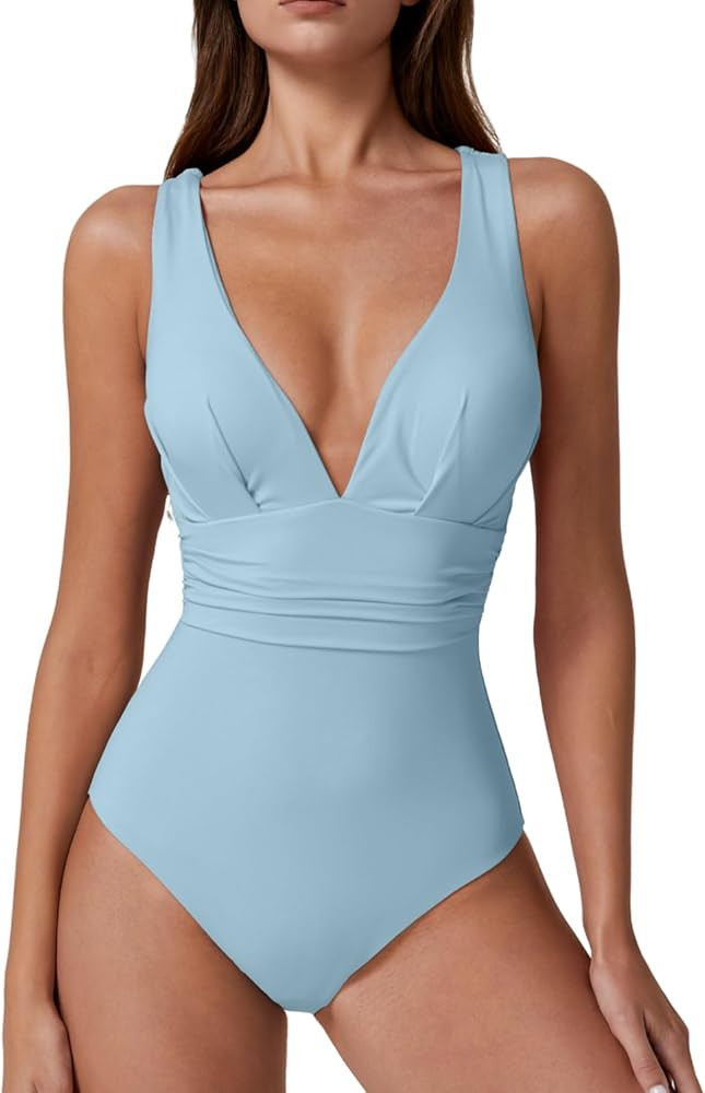 QINSEN Womens Sexy V Neck One Piece Bathing Suit Cross Back Swimsuit High Waist Monokini | Amazon (US)