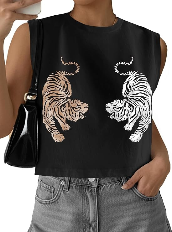 Hilinker Womens Crew Neck Loose Crop Tank Tops Workout Casual Sleeveless T-Shirt | Amazon (US)