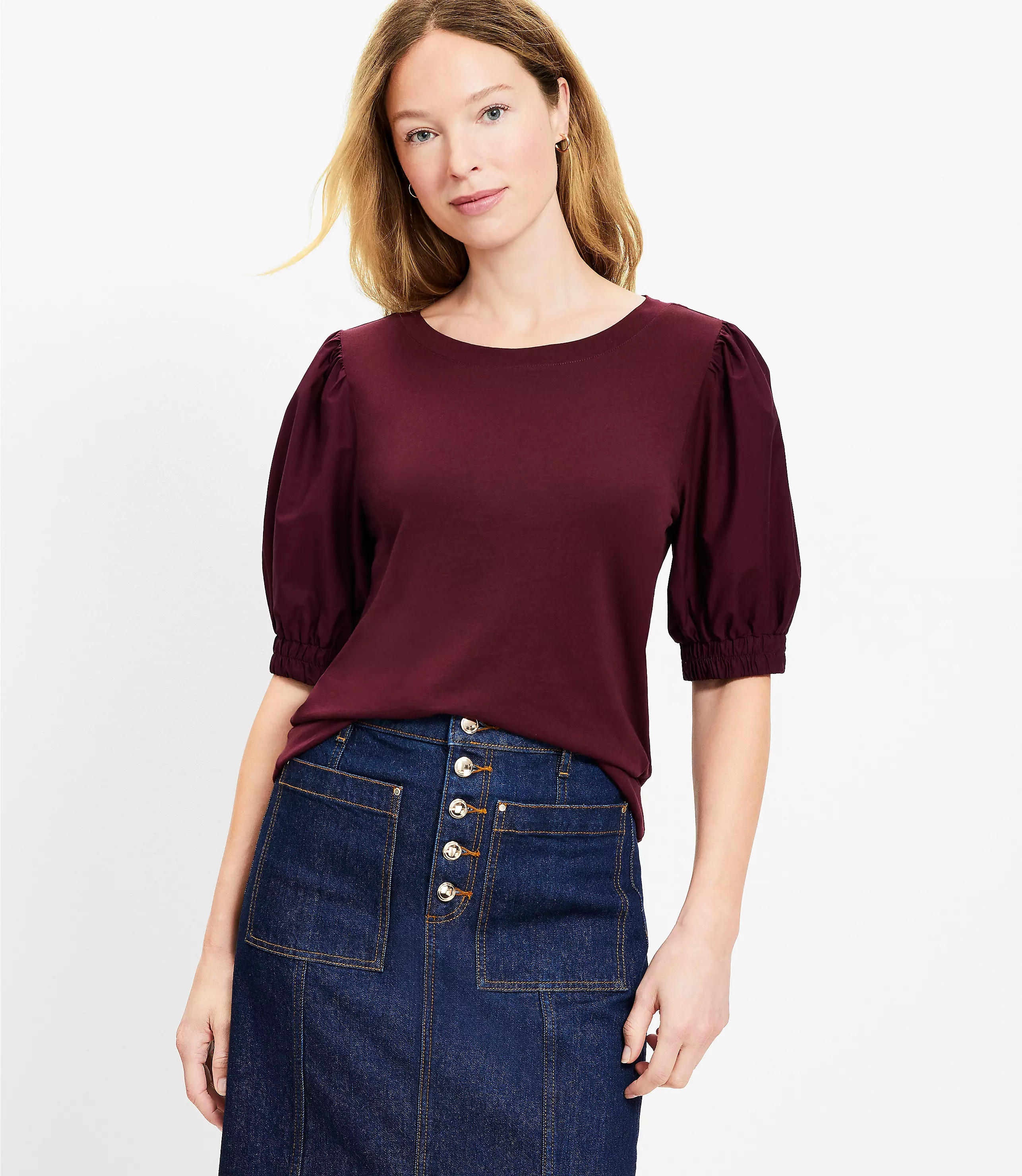 Puff Sleeve Mixed Media Top | LOFT