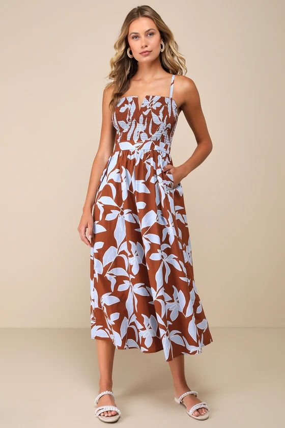 Immense Cuteness Brown and Blue Floral Midi Dress with Pockets | Lulus