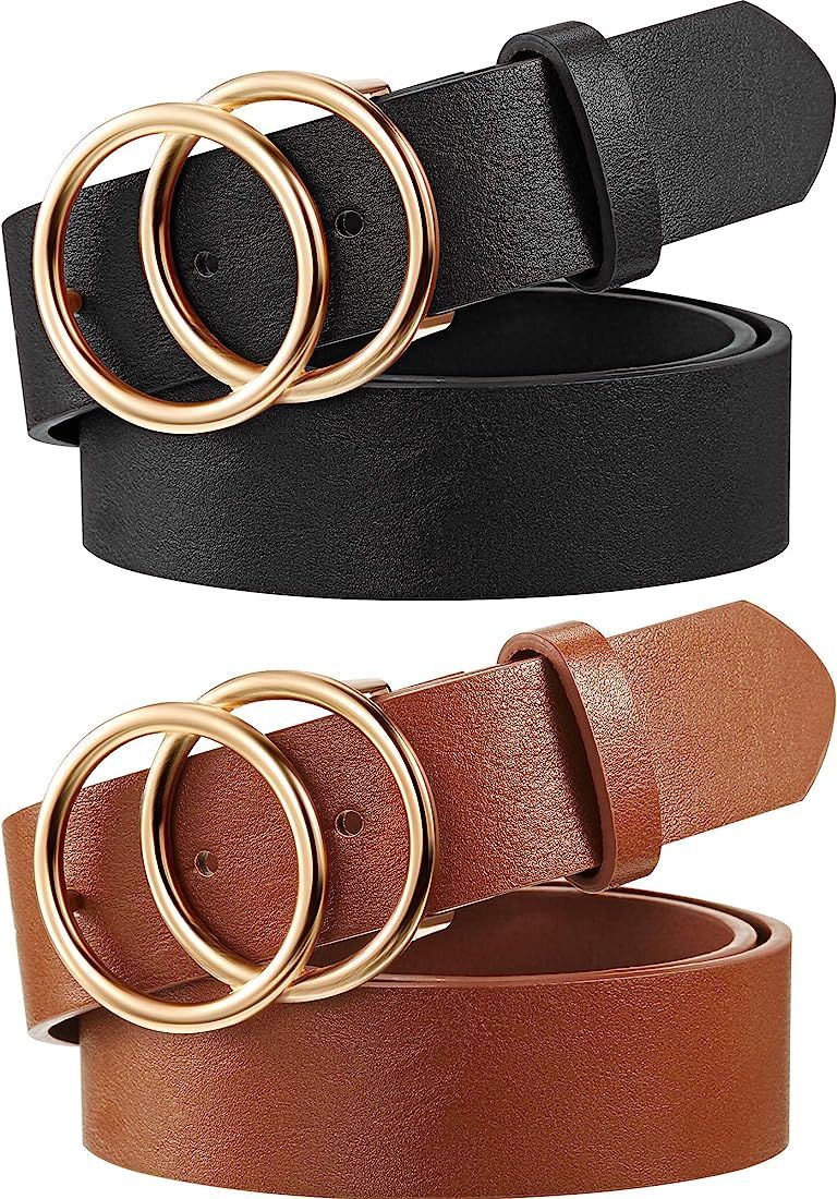 Syhood 2 Pack Women's Leather Belts for Jeans Dresses Fashion Ladies Belt with Gold Double Ring B... | Amazon (US)