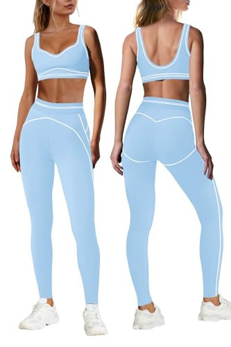 Nirovien Womens 2 Piece Workout Sets Athletic Yoga Sets Pilates Gym Outfits Butt Lifting Leggings and Sports Bra(Light Blue,S) | Amazon (US)