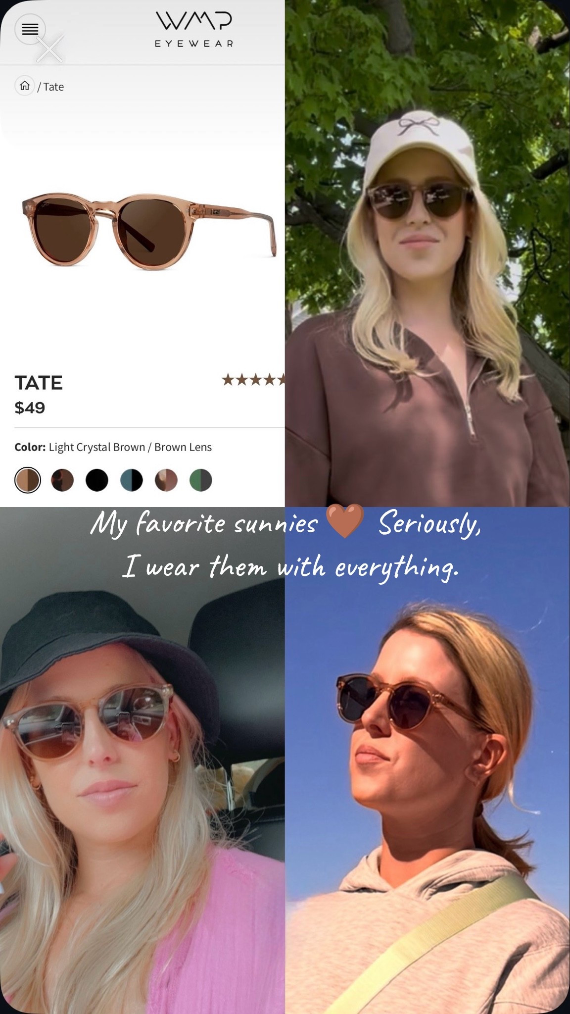 If you’re looking for an affordable pair of everyday sunglasses, these are the ones I reach for again and again. The WMP Tate sunglasses in Light Crystal Brown with Brown Lens are lightweight, comfortable, and somehow seem to go with everything.

Perfect for everyday wear, casual outfits, athleisure looks, travel, soccer games, coffee runs, and summer outfits. The crystal brown frame is a great neutral that works with so many colors.

Affordable sunglasses • Brown sunglasses • Neutral accessories • Everyday sunglasses • Women’s sunglasses • Summer accessories • Travel essentials • Casual style • WMP Eyewear • Tate sunglasses

#LTKSeasonal #LTKmomlife #LTKOver40
