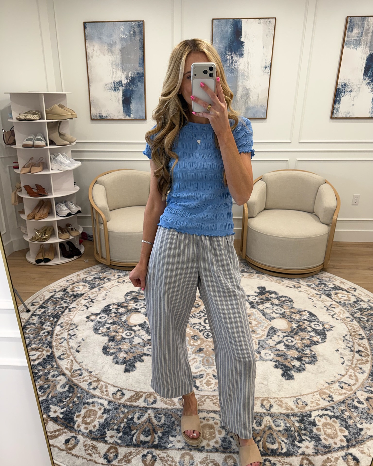 Old Navy finds that are so good right now and this blue smocked puff sleeve top and striped linen wide leg pants combination is everything spring 🤍✨ The cornflower blue smocked texture, the ruffle puff sleeve detail, the relaxed blue and white striped linen wide leg pants — the tonal blue moment is so effortless and so coastal and the whole look just works so perfectly together. Nude platform sandals to finish and this is the spring outfit. 

#LTKSeasonal #LTKTall #LTKootd